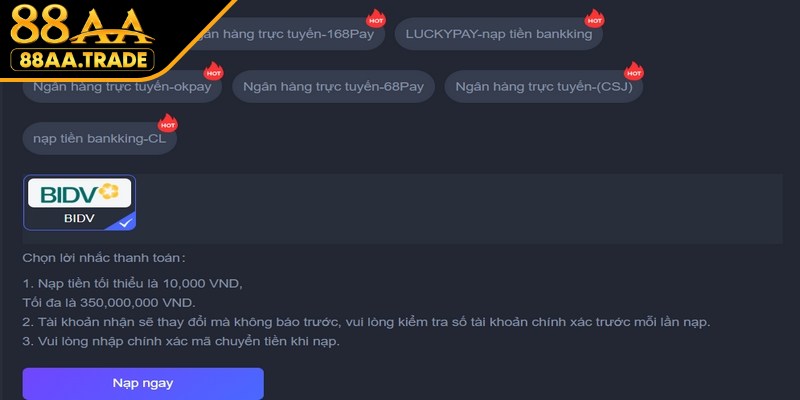 Nạp tiền 88AA diễn ra nhanh chóng và đảm bảo an toàn tuyệt đối
